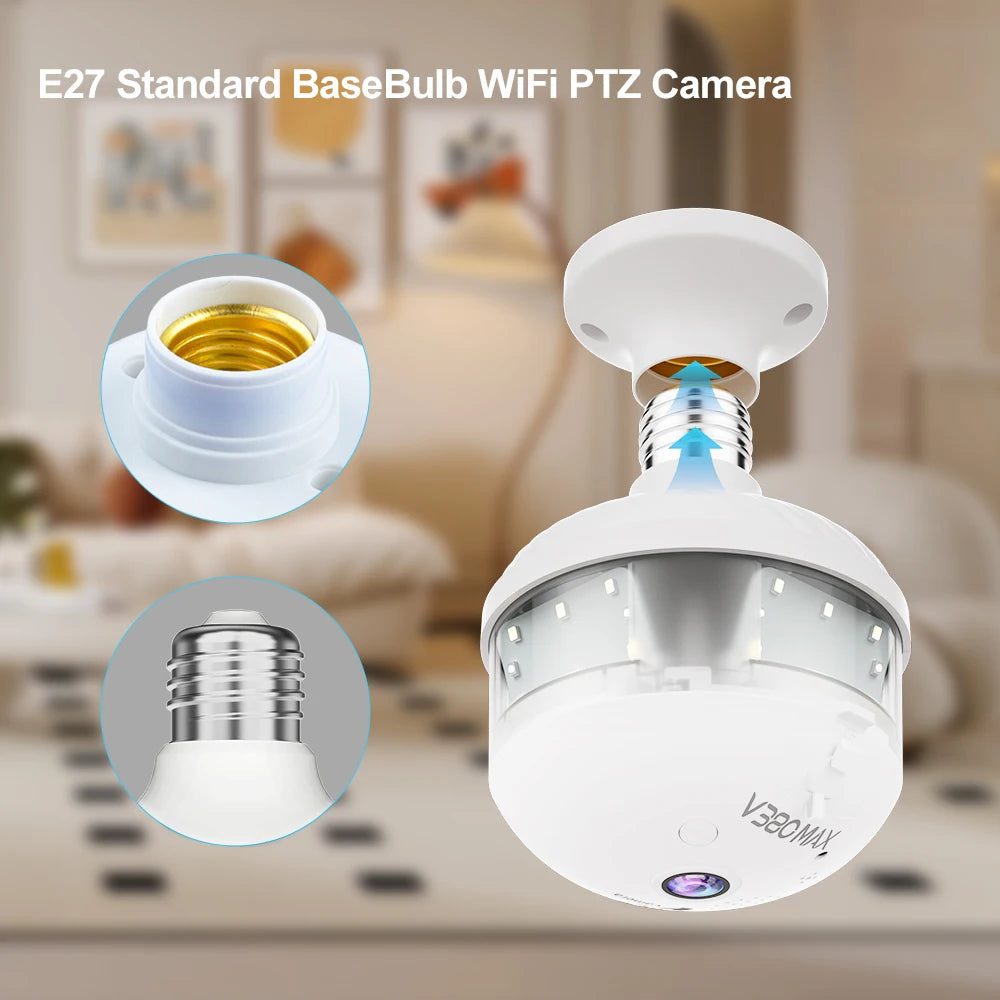 4MP WIFI E27 Bulb V380 Pro Security Camera Full Color Night Vision Two-Way Voice Wireless Auto Tracking Fisheye WiFi Camera